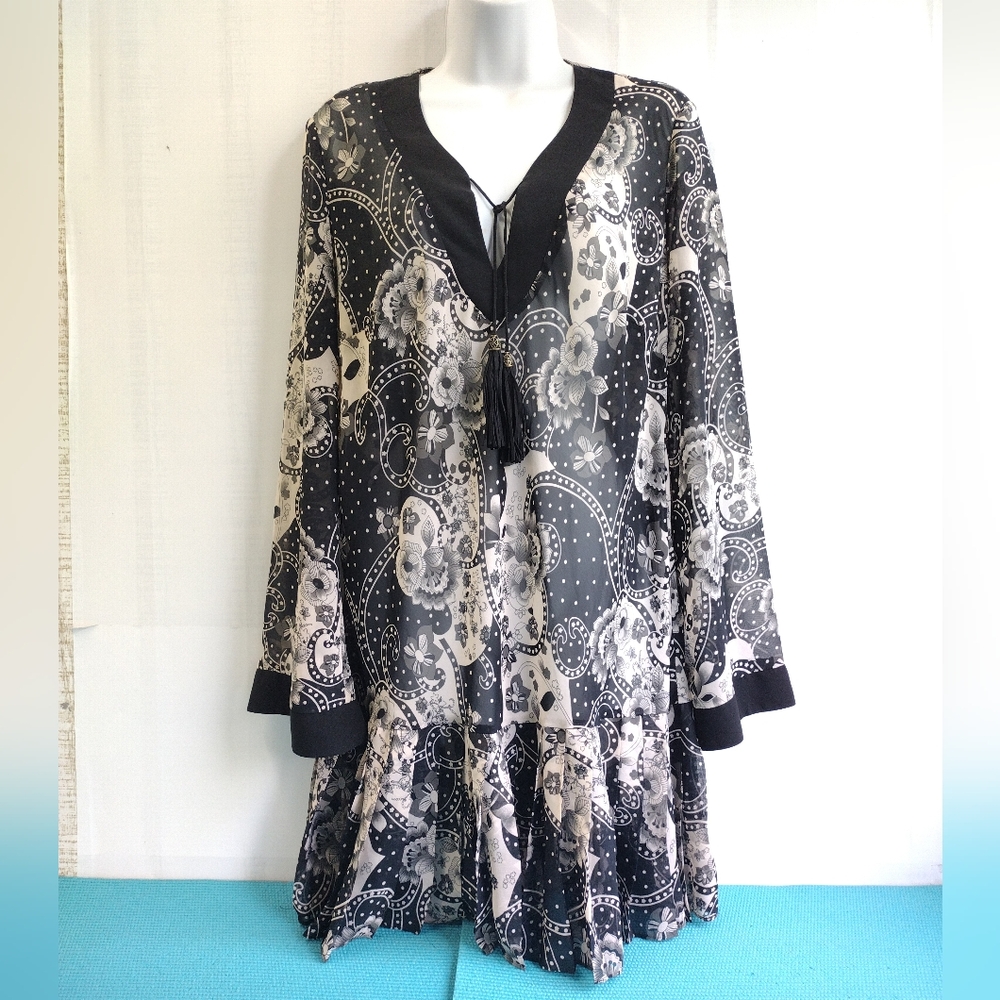 Bisou Bisou Semi Sheer Floral Tunic Mini Dress Pleated Hem Skirt - L